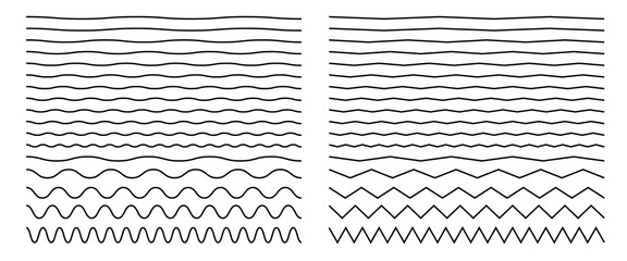 Seamless wavy zigzag line set. Graphic design elements collection for decoration. Horizontal curvy squiggles - obrazy, fototapety, plakaty