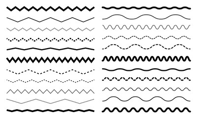 Seamless wavy zigzag dotted line set. Graphic design elements collection for decoration. Horizontal curvy squiggles