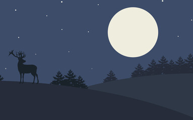 Graphic night landscape. Shadow of deer and trees. Starry sky. Full moon.