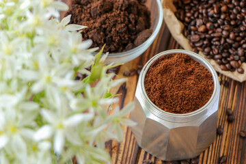 ground coffee and coffee beans