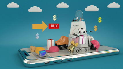 Obraz premium 3d rendering. 3d Illustration Smartphone to enter content surrounded by shopping bags, shopping carts on background. 