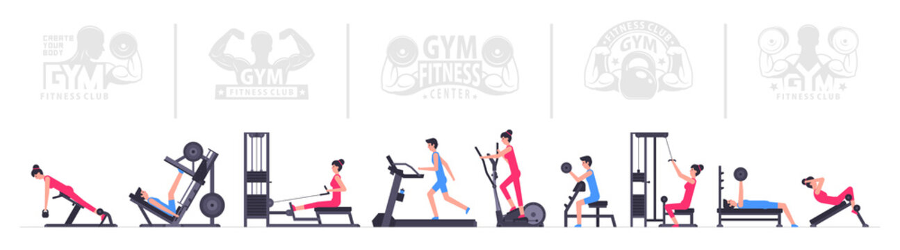 Gym interior. Sport Gym Interior. Fitness club. People working out using sports equipment and machines. Healthy lifestyle