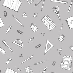 seamless pattern with stationery. line illustration. Image of pens, pencils, notebooks on a gray background. school accessories.