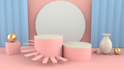 Scene with geometrical forms, arch with a podium in pastel colors, minimal background, pastel platform, 3D render