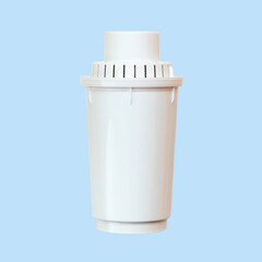 Filter for water purification on blue background. Clean liquid, filtration concept
