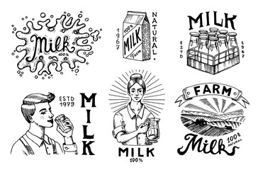Milk set. Cow and woman farmer, milkmaid and blot and bottles, packaging and meadow, man holds a glass. Vintage logo for shop. Badge for t-shirts. Hand Drawn engrave sketch. Vector illustration.
