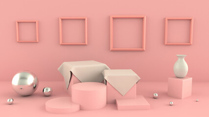 Scene with geometrical forms, arch with a podium in pastel colors, minimal background, pastel platform, 3D render