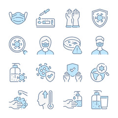 Virus and coronavirus and Covid test related blue line colored icons. Covid-19 prevention and Medical mask icon set.