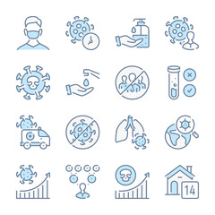 Transmission of coronavirus disease related blue line colored icons. Coronavirus disease and quarantine icon set.