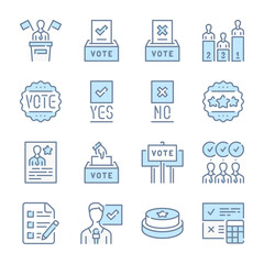 Vote and Election related blue line colored icons. Voting icon set.