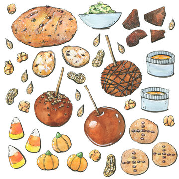 hand drawn set of watercolor halloween food on white background