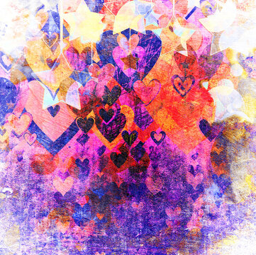 grunge background with hearts and stars