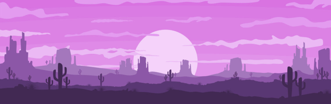 Vector illustration of sunset and twilight desert panoramic view with mountains and cactus - flat cartoon style