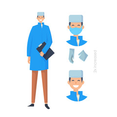 Doctors without mask and in mask. Medical workers on a white. Hospital staff. Ophthalmologist. Vector illustration in a flat style. Trendy people.