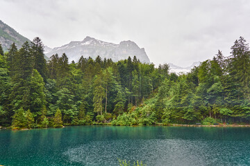 Landscape of lake Blausee on a rainy and foggy summer day, Kander valley, Bernese Oberland, Switzerland             