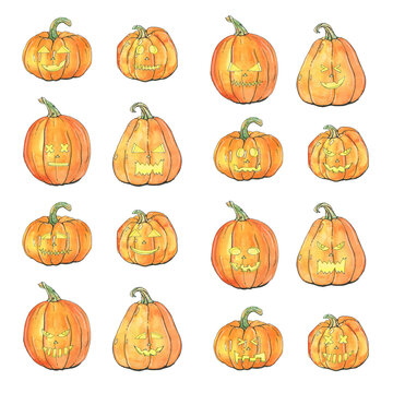hand drawn set of watercolor halloween pumpkins on white background