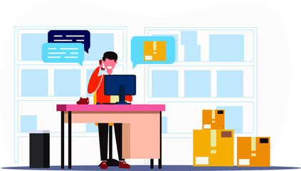 checking the package in the warehouse by male workers at the computer vector flat illustration design