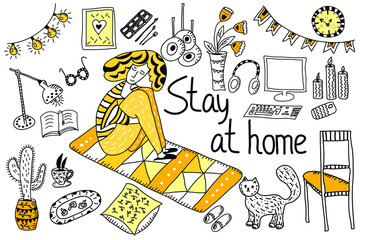 Cute vector hand drawn doodle set about coronavirus.  Stay at Home. Quarantine positive line icons, home elements. Isolated on white background.