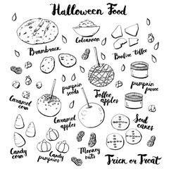 hand drawn set of graphic halloween food on white background