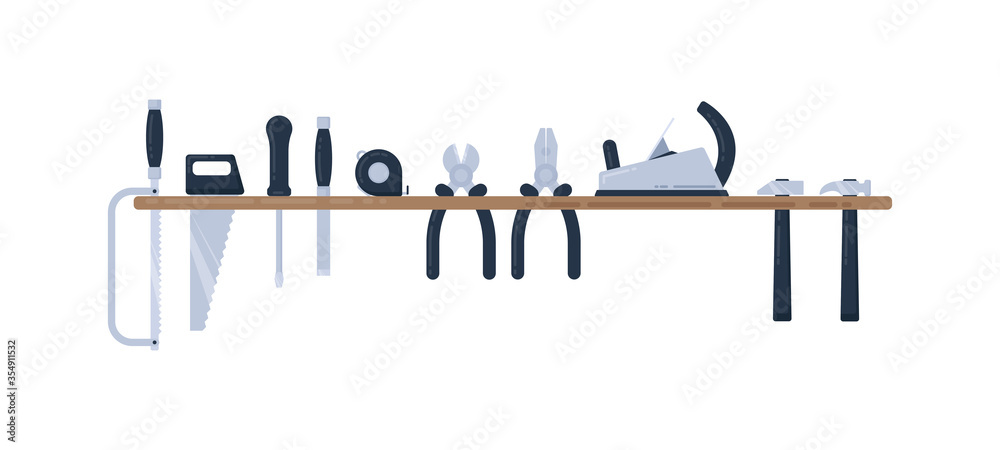 Wall mural home repair tool vector illustration set. carpentry tools on a shelf