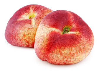 Two chinese flat donut peaches isolated on white background with clipping path. Full depth of field.