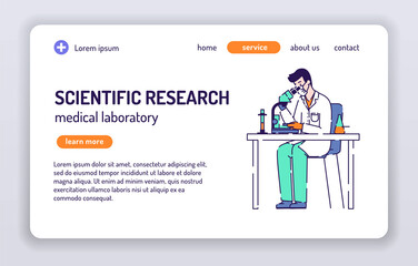 Scientist man search vaccine against COVID-19 web banner. Isolated cartoon character on a white background. Concept for web page, presentation, smm, ad, site. Vector illustration. UX UI GUI design