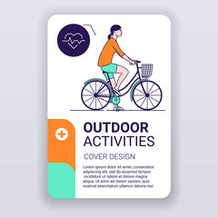 Young girl rides on female bike with basket brochure template. Rest on nature cover design. Print design with linear illustrations cartoon character on a white background