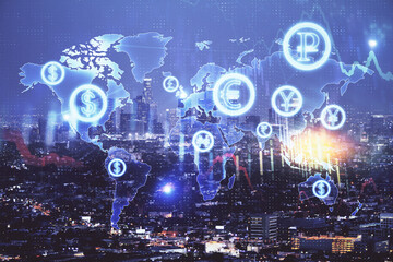 Financial graph on night city scape with tall buildings background double exposure. Analysis concept.