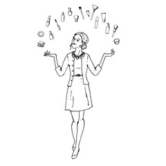 hand drawn painted graphic sketch of isolated beautiful young stylish woman make-up artist in dress  with makeup brush on white background