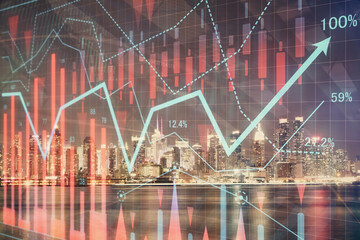 Financial graph on night city scape with tall buildings background multi exposure. Analysis concept.