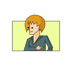red-haired female manager points to the right. Business illustration