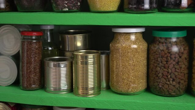Grocery stock, food reserve. Zero Waste Kitchen. Plastic Free Pantry. No plastic. Eco family. Bulk shopping with containers and glass jars