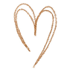 Gold glitter liquid gold heart brush stroke. Textural digital art. Print for decorating cards, invitations, wedding, banner, poster, advertising, logo, brand, tattoo, sticker.