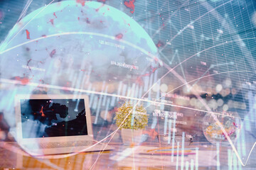 Forex graph hologram on table with computer background. Double exposure. Concept of financial markets.