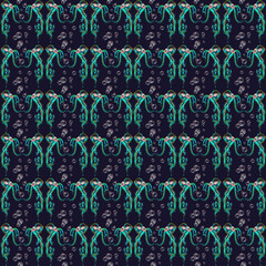 Seamless pattern of underwater octopuses and air bubbles on a dark blue background. Manual the digital picture