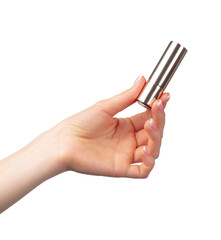 Hand holding lipsticks isolated on white background
