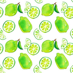 pattern with green lime, a citrus fruit watercolor