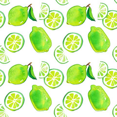 pattern with green lime, a citrus fruit watercolor