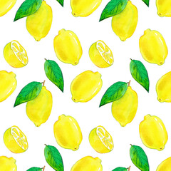 pattern with yellow lemons, watercolor citrus fruit