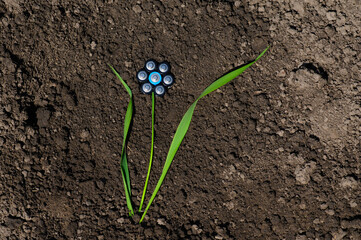 A flower from batteries in the ground as a symbol of harm to the soil. Ecology and waste management...
