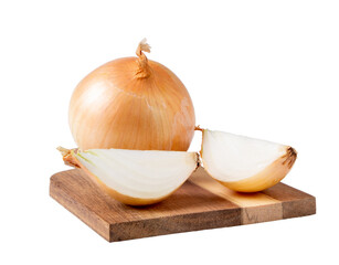 A whole onion and two sliced quarters onions lie on a wooden plank isolated on a white background.