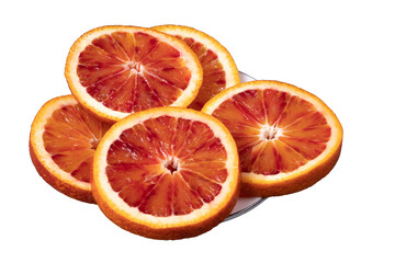Sliced blood red orange on a white saucer isolated on white background.