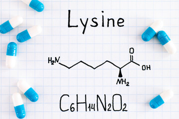 Chemical formula of Lysine with some pills