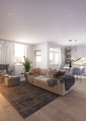 Modern bright interior with classic elements. Living room and kitchen.