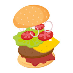 Hamburger. Classic American Cheeseburger with Lettuce, Tomato, Onion, Cheese and Meat. Burger in the section. Vector flat cartoon style illustration.