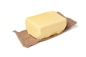 Fresh butter on craft paper isolated on white background