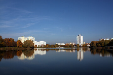 Fototapeta premium Residential buildings on river bank. Minsk, Belarus