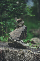 Zen rock stack in the woods - moody