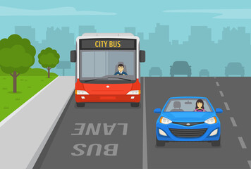 City street with bus lane. Front view of bus and car. Flat vector illustration.