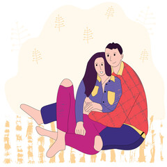 Couple of young people. Man and woman on the floor, carpet. Stay home concept. Vector illustration in a flat style